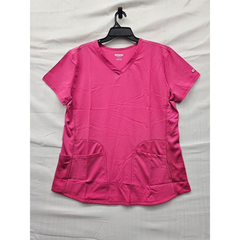 Grey's Anatomy Womens V-Neck Scrub Top Fuchsia Polyester Blend Casual Size Large